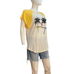 Free People NWT White Yellow Linen Blend Embroidered Palm Tree Tee L